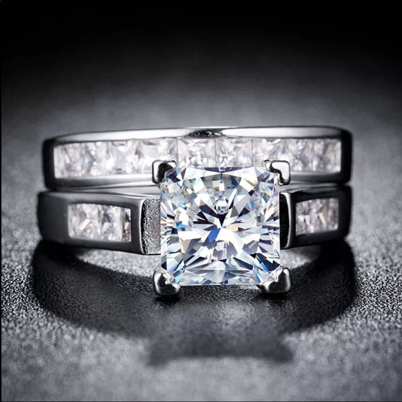 New Luxury 2pc 925 Silver Diamond Engagement Ring - Picture 5 of 6